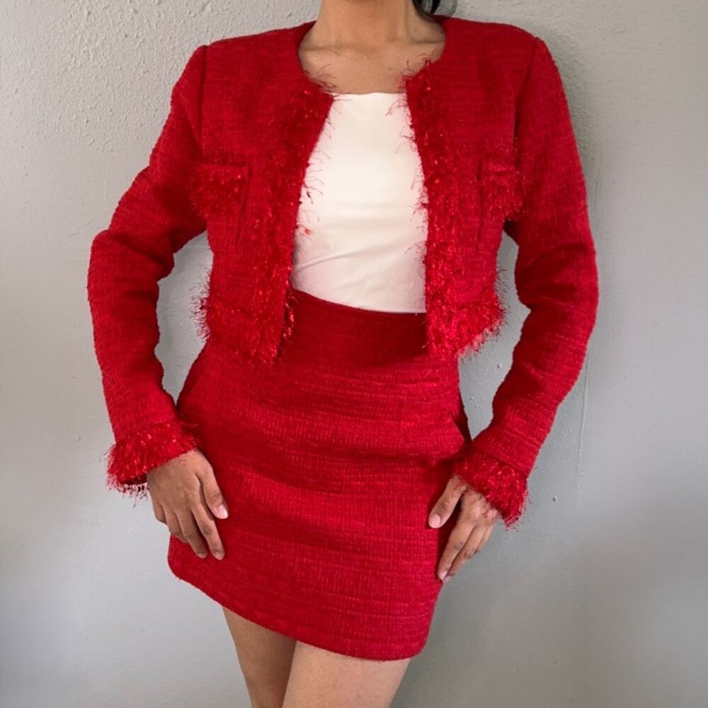 Endless Rose Red Tweed Feather Cropped Blazer Skirt Set NWT Size XS